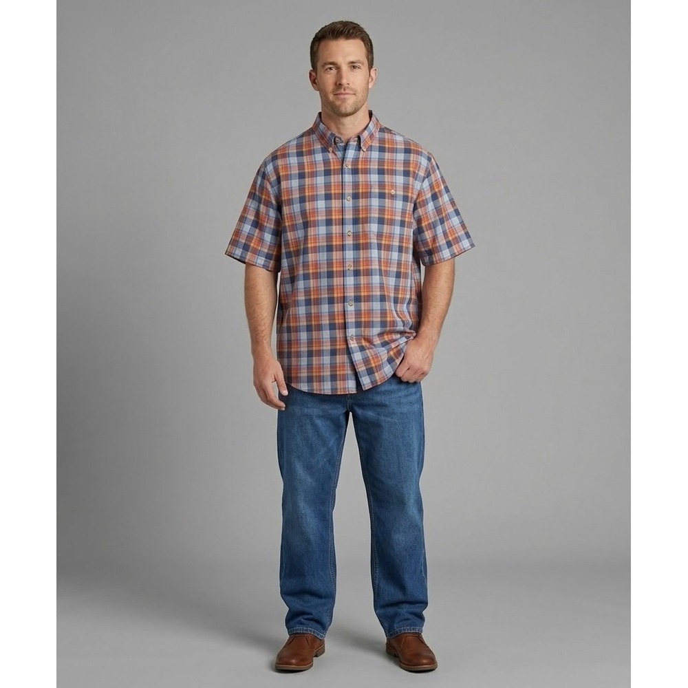 Duluth Trading Co Mens Large Relaxed Untucked Plaid Shirt Orange Short Sleeve